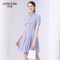 洛诗琳甜美衬衫连衣裙假两件2018夏季新款蝴蝶结木耳边拼接裙子