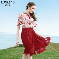 洛诗琳红色飘逸大摆半身裙中长款2018夏季新款修身蕾丝花边a字裙