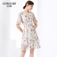 洛诗琳荷叶边碎花雪纺连衣裙喇叭袖甜美温柔风印花飘逸裙2018夏装