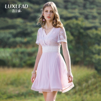 洛诗琳蕾丝连衣裙V领玫瑰双色2018夏季新款修身腰节拼接温柔裙子