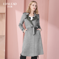 洛诗琳系带收腰麂皮绒风衣中长款女过膝翻领外套显瘦2017秋冬新款