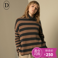 D家100%山羊绒高领格纹针织衫套头保暖毛衣女羊毛衫2017秋冬新款