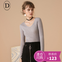 D家100%羊毛针织衫V领长袖打底衫修身毛衣女纯羊毛衫2017冬装新款