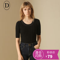 D家修身显瘦圆领套头衫短袖针织衫纯色短T恤女2017秋装新款