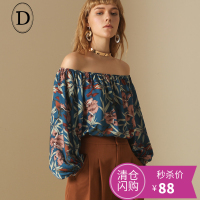 D家印花真丝长袖衬衫甜美一字领花色上衣女2017年秋季新款