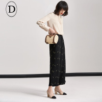 D家进口面料宽松休闲九分阔腿裤女绣花裤子女2017春夏装新款