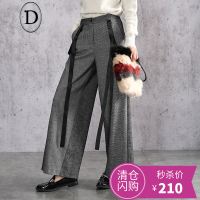 D家高腰阔腿裤背带直筒裤宽松休闲裤拼色长裤女气场2017秋装新款