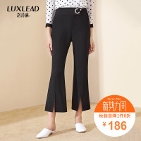 洛诗琳显瘦黑色拉链中腰开叉喇叭裤圆环设计休闲裤女2018秋装新款