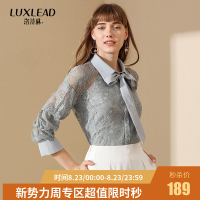 洛诗琳2018秋装新品优雅翻领飘带蝴蝶结浪漫T恤 灰蓝色蕾丝上衣