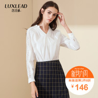 洛诗琳白衬衫女OL职业衬衫镂空花边拼接V领通勤2018秋装新款女