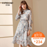 洛诗琳印花雪纺连衣裙2018秋装新品小清新浪漫飘逸中长款荷叶边裙