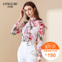 洛诗琳优雅飘带印花雪纺女上衣藤蔓花超仙洋气系带2018年秋装新款