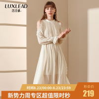 洛诗琳2018秋装新品超仙飘逸露肩收腰显瘦中长款波点雪纺连衣裙