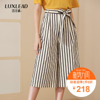 洛诗琳休闲条纹腰带七分阔腿装饰条纹裤港味裤子女2018秋装新款女