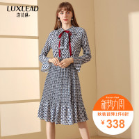 洛诗琳2018秋装新品气质几何印花针织带两件套雪纺减龄连衣裙