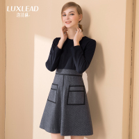 洛诗琳拼接格纹色织毛呢圆领连衣裙修身打底A字裙2017冬季新款