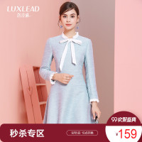 洛诗琳撞色系带长袖粗花呢连衣裙修身显瘦A字裙秋冬季