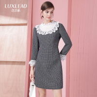 洛诗琳喇叭袖连衣裙 甜美花边领淑女修身A字中长裙2017冬季新款