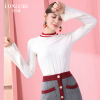洛诗琳拼接撞色针织毛衣时尚喇叭袖打底衫上衣2017秋冬季新款女装