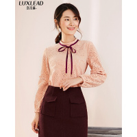 洛诗琳2018冬装时尚撞色织带 橘粉色 植绒蕾丝衫 橘粉色 S