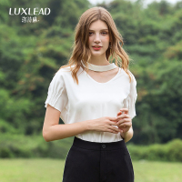 洛诗琳气质镂空雪纺衫套头V领宽松纯色镂空上衣女2018夏装