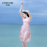 洛诗琳V领雪纺印花连衣裙2018夏新款水溶蕾丝花边荷叶袖碎花裙子