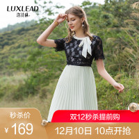 洛诗琳拼接撞色蕾丝连衣裙圆领蝴蝶结短袖百褶裙2018夏季新款