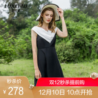 洛诗琳V领简约气质连衣裙黑白撞色时尚气质中裙女2018夏装