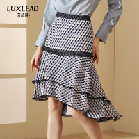洛诗琳2018秋装时尚减龄千鸟格印花宽松不规则荷叶摆半身裙