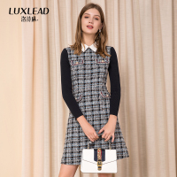 洛诗琳2018冬装撞色小翻领拼接毛织袖连衣裙