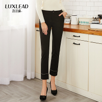 洛诗琳2018冬装 修身铅笔裤 时尚裤腿镶钻装饰 简约黑色长裤