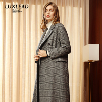 赫本风毛呢外套女中长款洛诗琳2018冬装新款流行双面呢格子大衣女