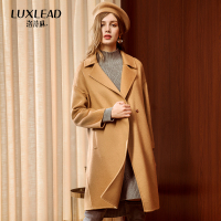 洛诗琳2018冬装新款简约时尚翻领带盖插袋纯色中长款双面毛呢外套