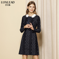 波点蕾丝长袖连衣裙洛诗琳2018冬装新款时尚衬衣领修身显瘦a字裙