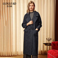 洛诗琳2018新款简约时尚翻领带盖插袋深蓝色中长款双面毛呢外套