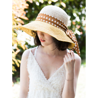 A&D双色纯手钩拉菲草帽蝴蝶结装饰太阳帽姜黄色