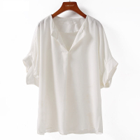 A&D时尚百搭V领蝙蝠袖前短后长侧开叉套头雪纺衬衫