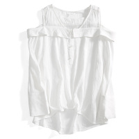 A&D优雅珍珠纽扣不规则下摆女士长袖露肩上衣