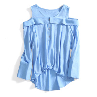 A&D优雅珍珠纽扣不规则下摆女士长袖露肩上衣蓝色