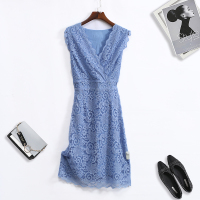 A&D成熟优雅高腰显瘦V领无袖蕾丝连衣裙