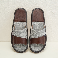 A&D棉麻拼皮拖鞋牛筋底真皮咖啡色