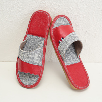A&D棉麻拼皮拖鞋牛筋底真皮大红色