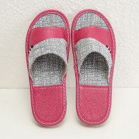 A&D棉麻拼皮拖鞋牛筋底真皮玫红色