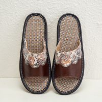 A&D花纹牛皮棉麻拖鞋牛筋底真皮咖啡色