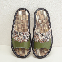 A&D花纹牛皮棉麻拖鞋牛筋底真皮绿色