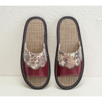 A&D花纹牛皮棉麻拖鞋牛筋底真皮酒红色