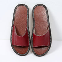 A&D简约牛皮拖鞋牛筋底酒红色