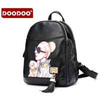 DOODOO 双肩包女韩版新款百搭学院风小背包休闲印花多隔层旅行包 黑色_i57