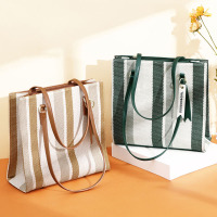 doodoo上新质感包包女2019新款秋时尚条纹单肩包帆布包复古手提包