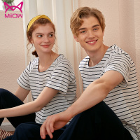 猫人情侣睡衣女夏季短袖长裤休闲宽松条纹青年男士家居服两件套装